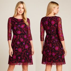Adrianna Papell Embroidered Floral Cocktail Dress Black Purple Burgundy Wine 6